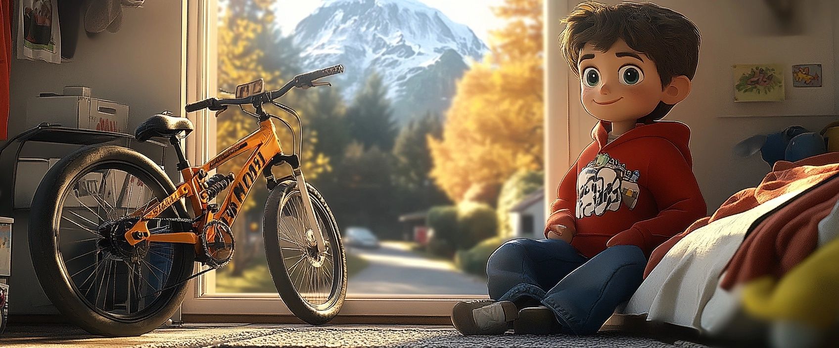 A child playing in his room, and a window showing a mountain in the distance. Place the character to the right of the image and his mountain bike to the left of the image